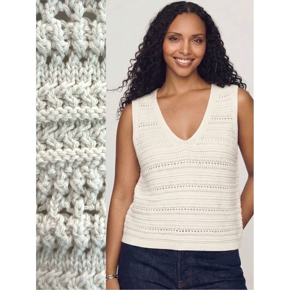 Gap Crochet Knit Sweater Vest Tank Top Womens Size Large Cream Double V-Neck